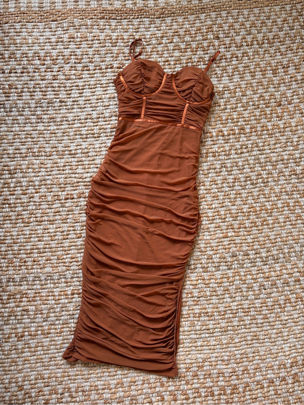 Women's large Rust Brown Ruched Bodycon Dress. Stretchy Nude colored dress.